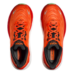 Hoka Arahi 6 running shoes in flame orange and black colorway top view