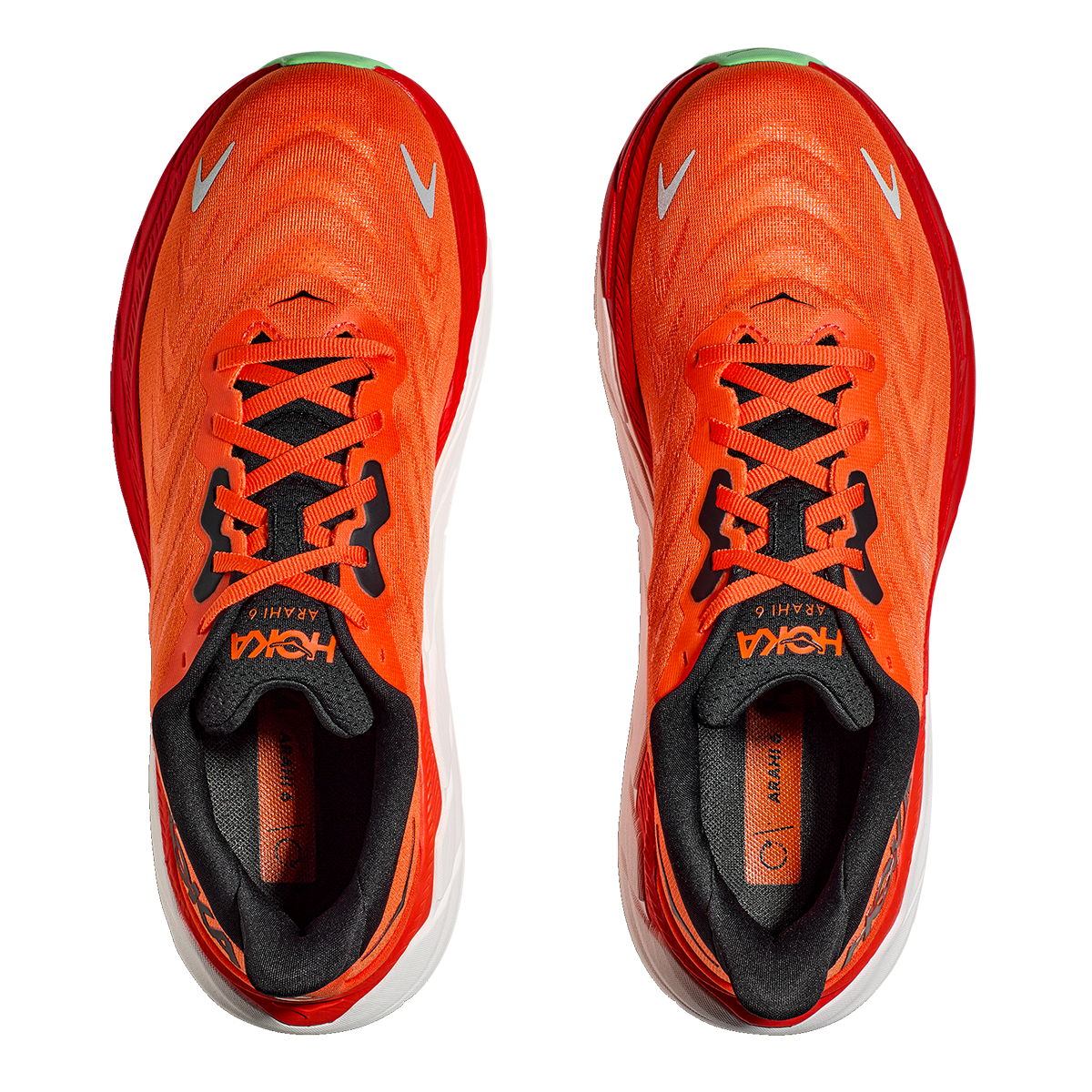 Hoka Arahi 6 running shoes in flame orange and black colorway top view