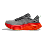 Hoka Bondi 8 running shoe in castlerock gray with flame orange midsole