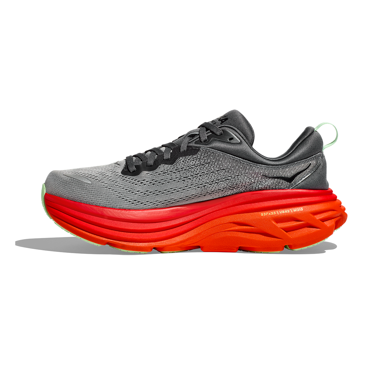 Hoka Bondi 8 running shoe in castlerock gray with flame orange midsole