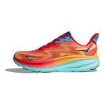 Hoka Clifton 9 men's running shoe in cerise and cloudless colorway