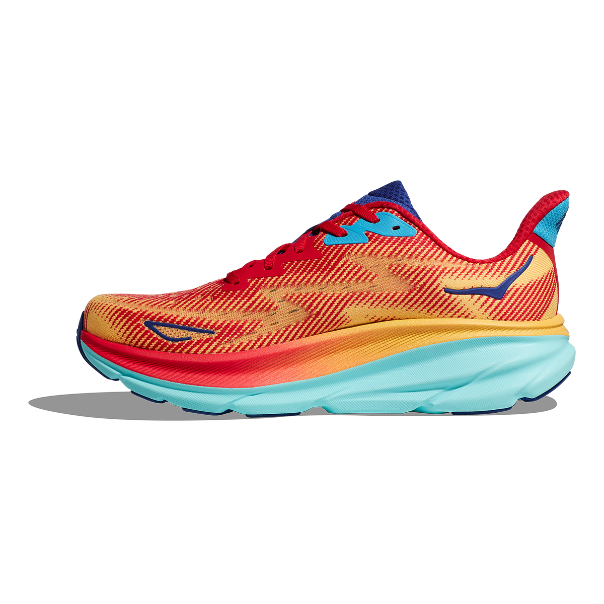 Hoka Clifton 9 men's running shoe in cerise and cloudless colorway