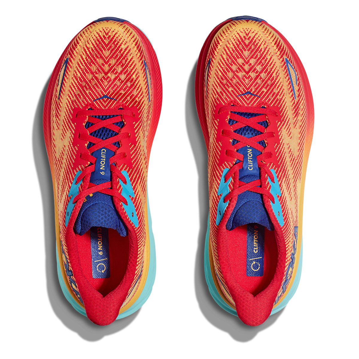 Hoka Clifton 9 men's running shoes in cerise and cloudless colorway