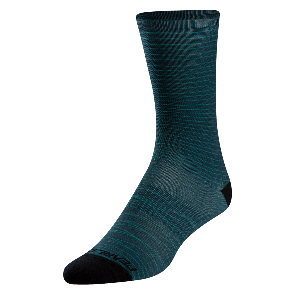 Pearl Izumi professional tall cycling sock in teal green pattern with black accents
