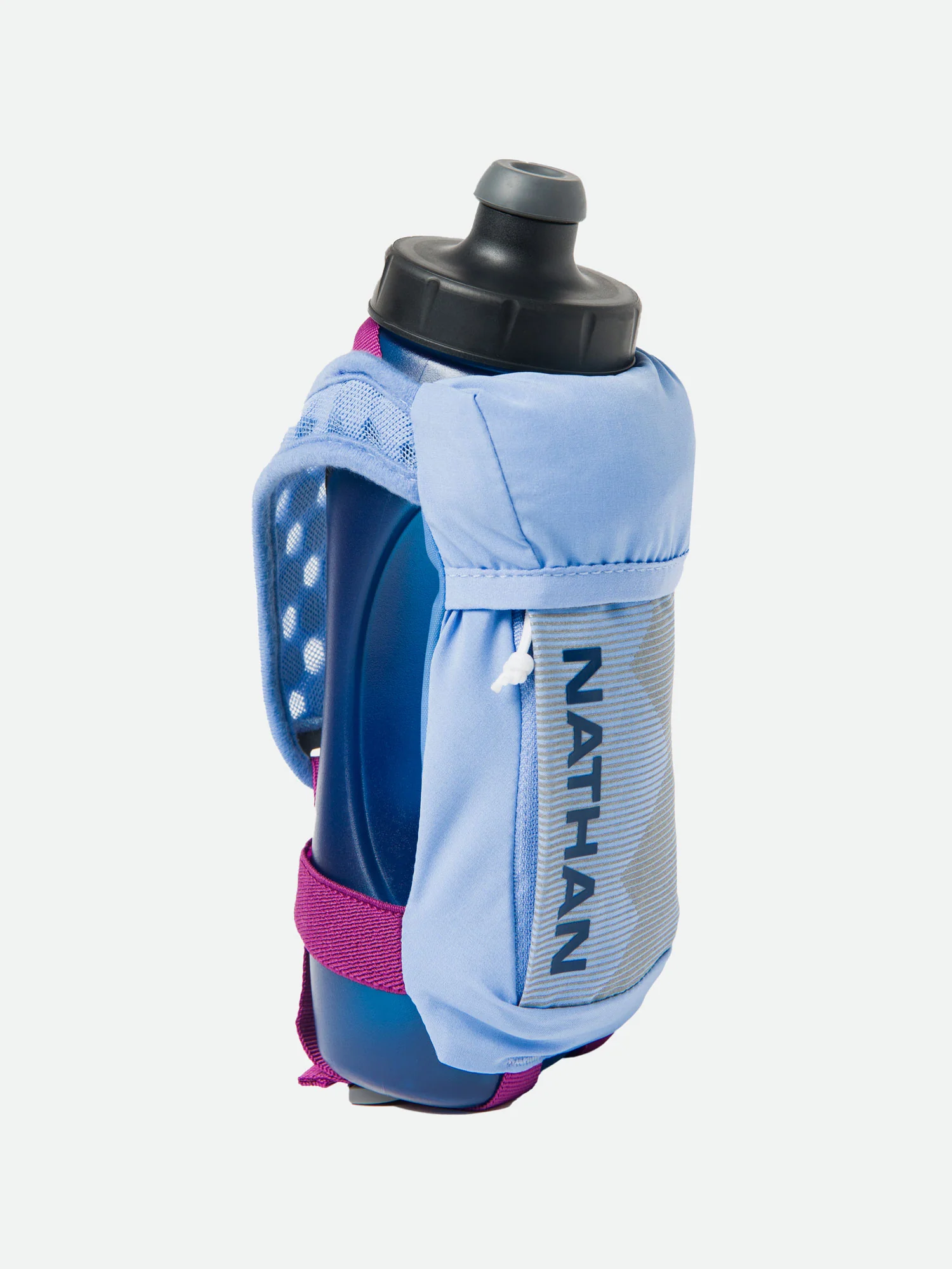 Nathan QuickSqueeze 22oz handheld water bottle in light blue with pink straps and Nathan branding