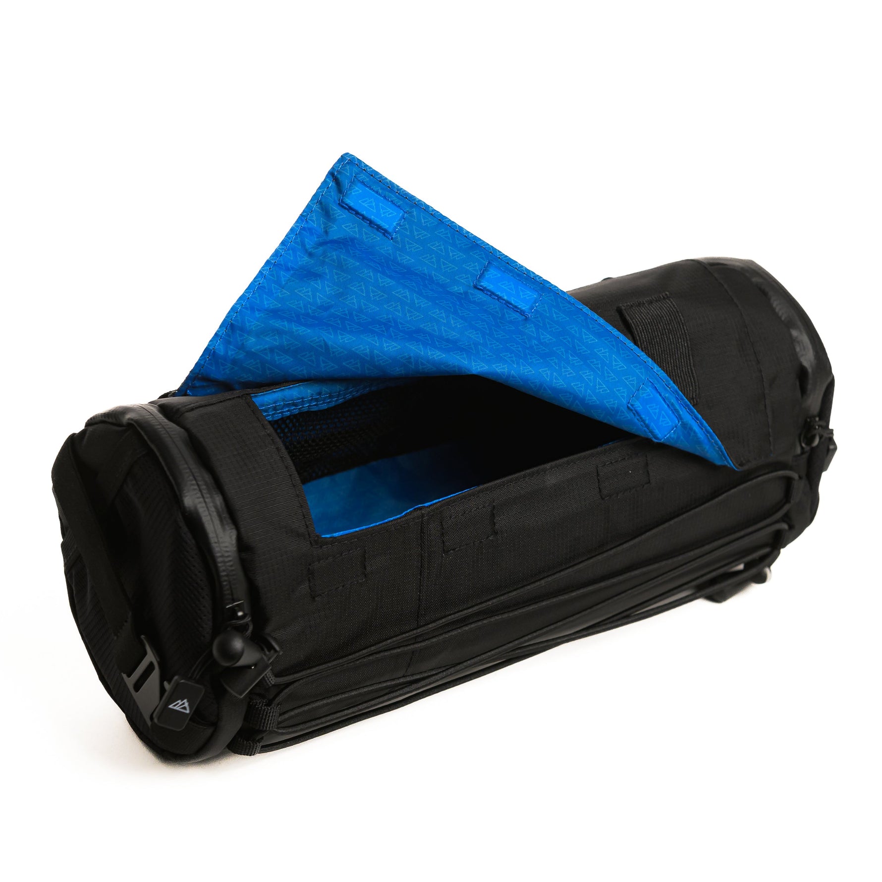 Black cylindrical bar bag with blue interior compartment open showing storage space