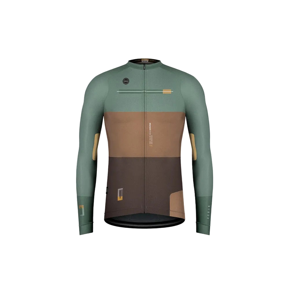 Gobik CX Pro long sleeve cycling jersey in Fargo colorway with green and brown blocks