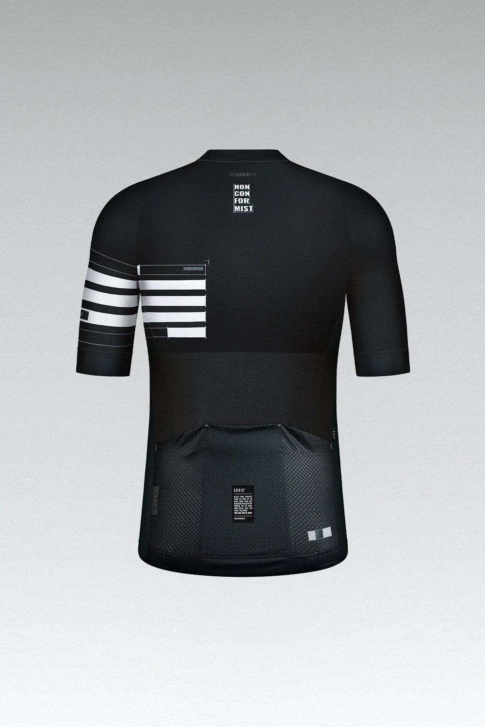 Gobik CX-Pro 2.0 Jersey in Black Claim with white striped sleeve detail and nonconformist text