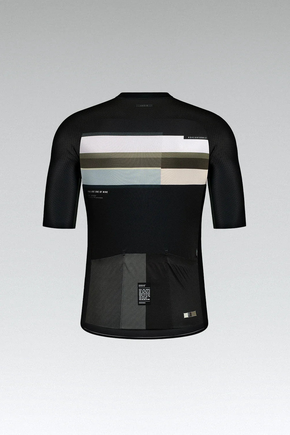 Gobik Infinity cycling jersey in black with colorful horizontal stripe pattern