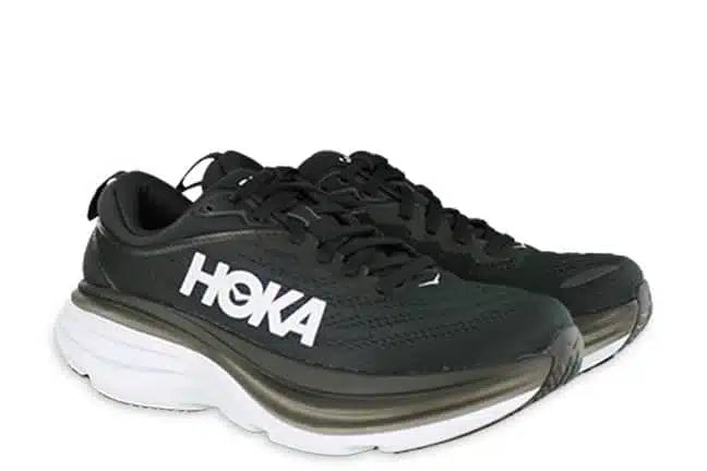 HOKA Bondi 8 running shoes in black with white midsole and HOKA branding
