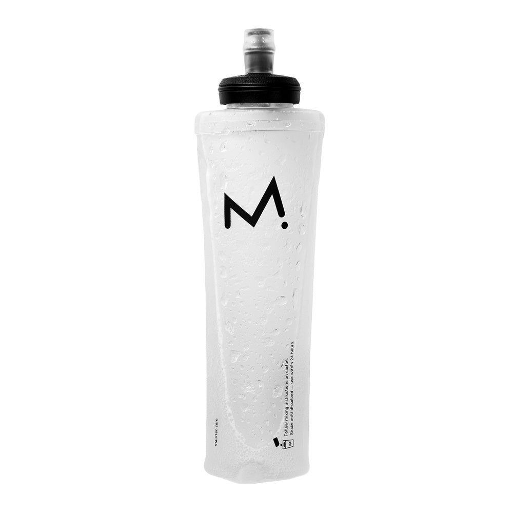 Maurten clear transparent 550ml sports drink bottle with black cap and logo