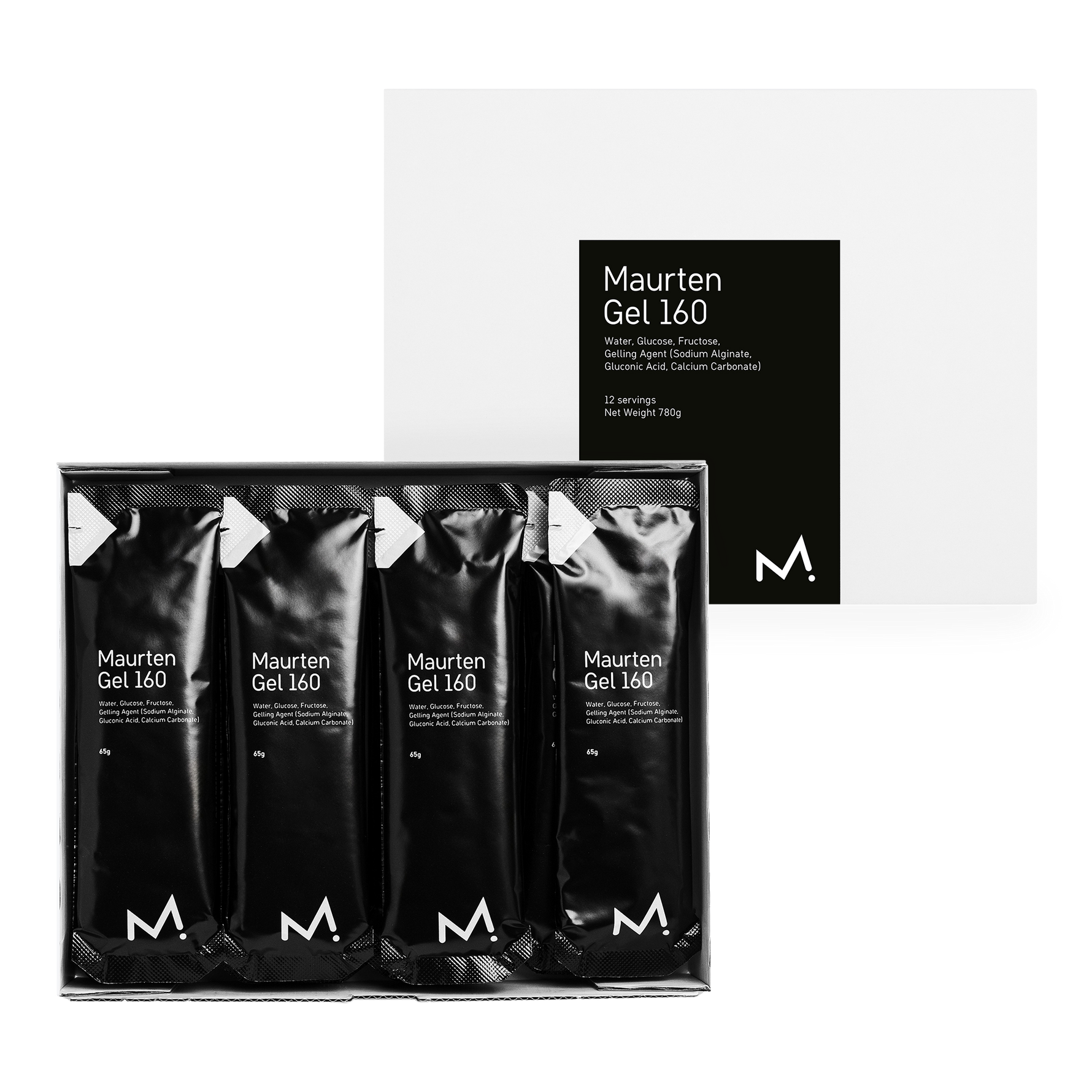 Maurten Gel 160 box containing 12 individual black gel packets with product packaging