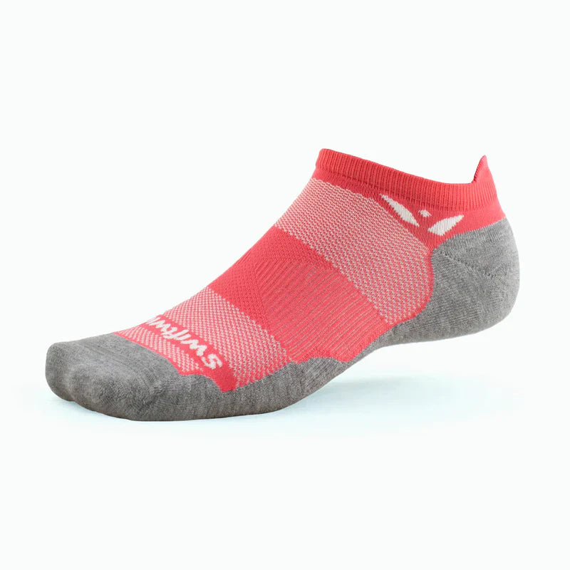 Swiftwick Maxus Zero Tab no-show running socks in melon coral pink with gray heel and toe