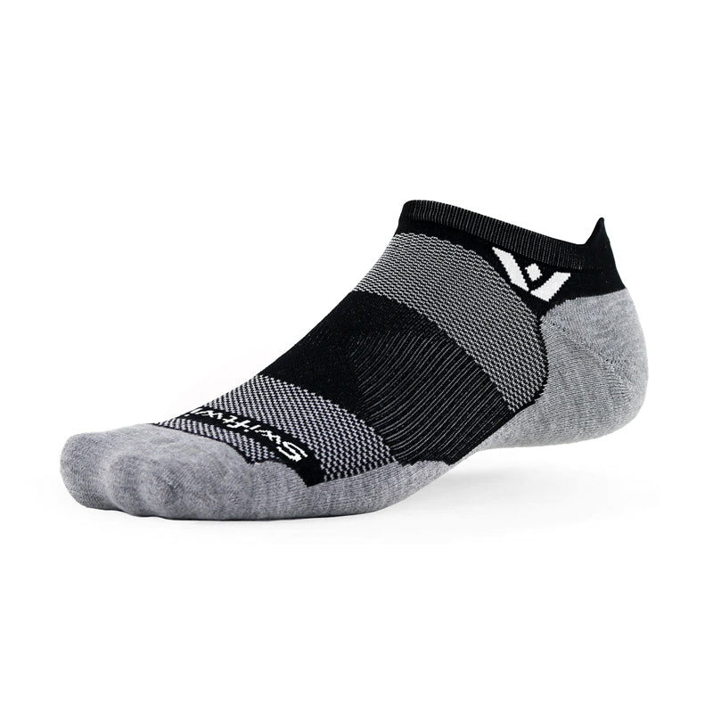 Swiftwick Maxus Zero Tab no-show running sock in black with gray heel and toe