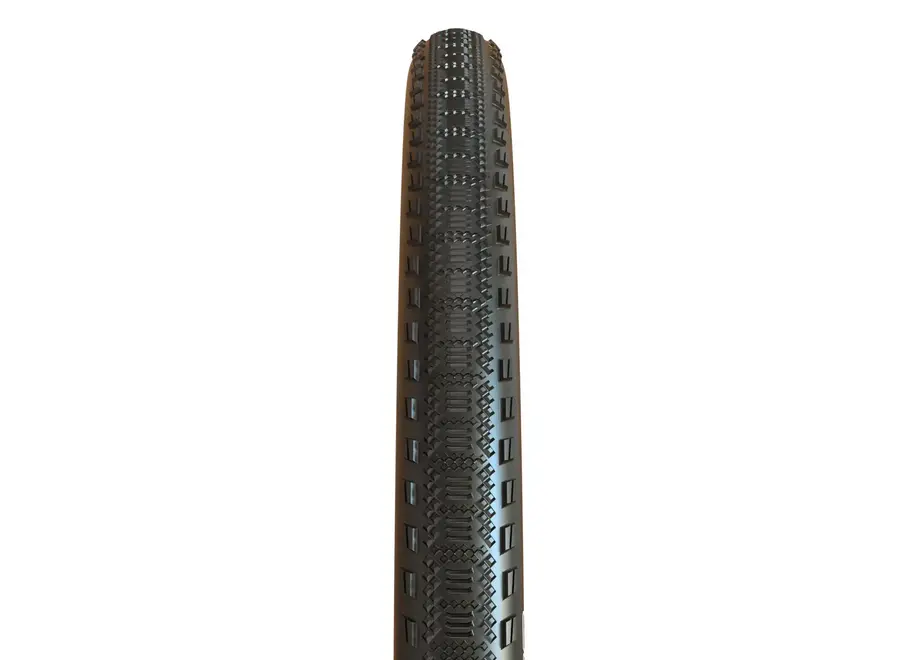 Black folding bicycle tire with textured tread pattern and brown sidewalls