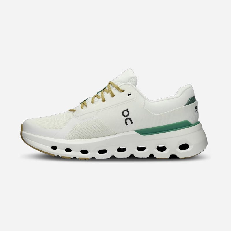 On Cloudrunner 2 running shoe in white with green accents and signature sole