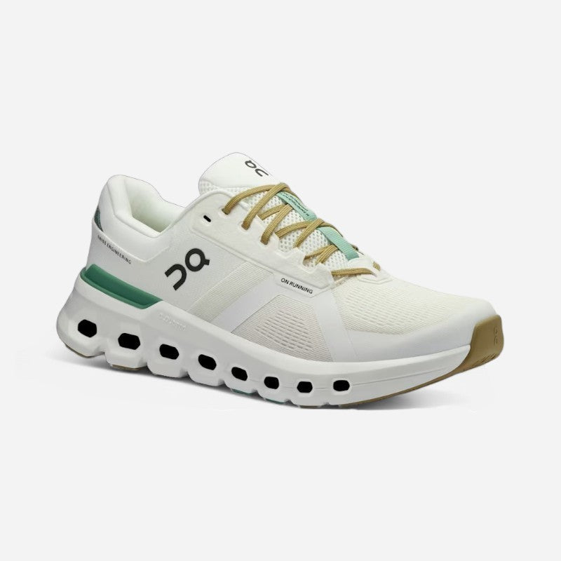 On Cloudrunner 2 men's running shoe in undyed white with green stripe details