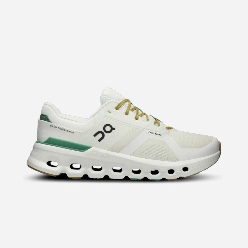 On Cloudrunner 2 running shoes in undyed white with green heel accent