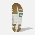 Bottom view of On Cloudrunner 2 running shoe showing white sole with green and brown tread pattern