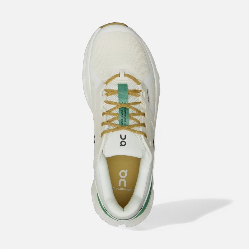 On Cloudrunner 2 men's running shoe in undyed white with green details, top view