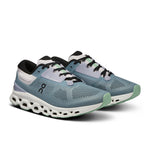 On Cloudstratus 3 women's running shoes in metal teal and wisteria purple colorway