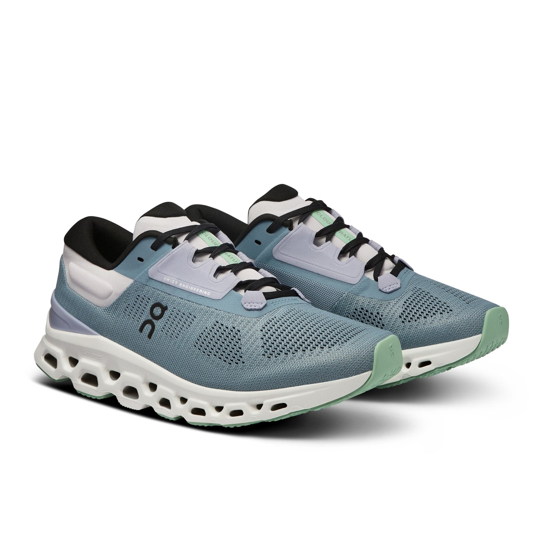 On Cloudstratus 3 women's running shoes in metal teal and wisteria purple colorway