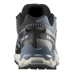 Salomon XA Pro 3D trail running shoe heel view in black and blue colorway