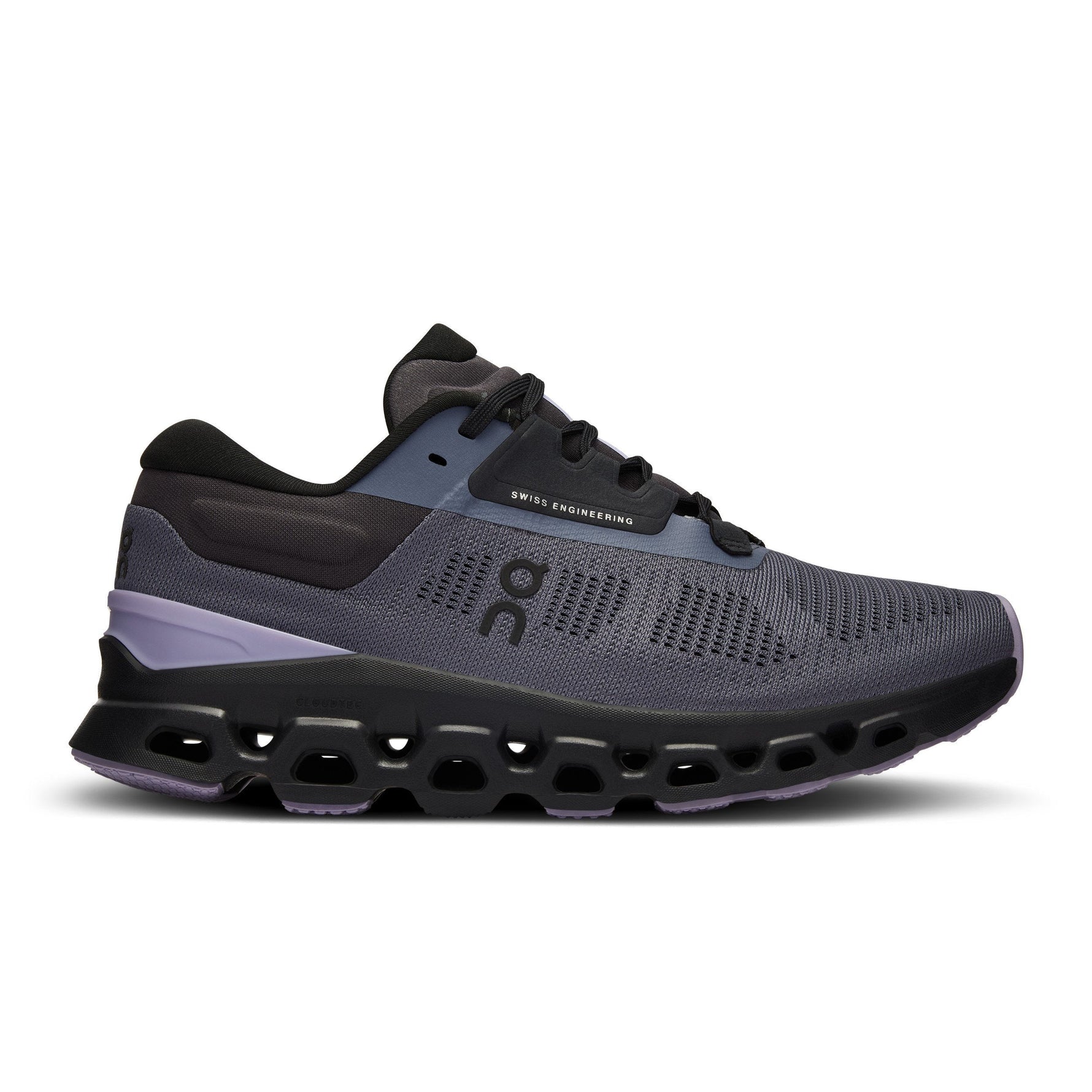 On Cloudstratus 3 women's running shoe in metal gray and wisteria purple colorway
