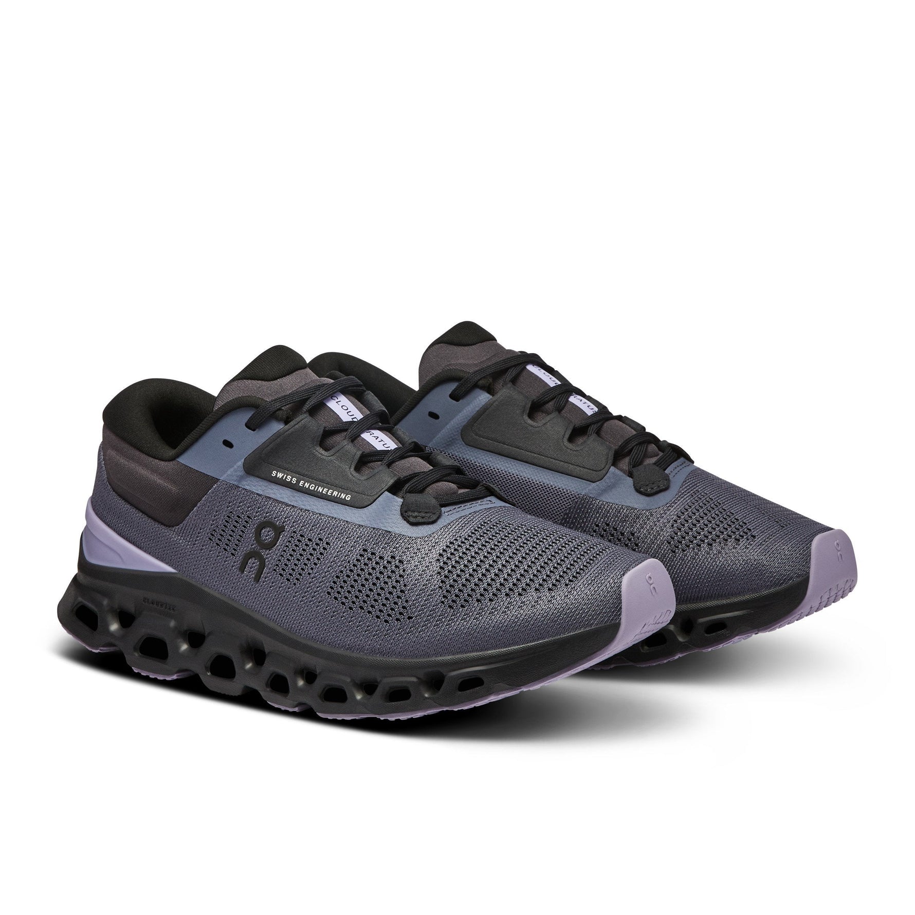 On Cloudstratus 3 women's running shoes in metal grey with purple wisteria accents