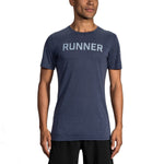 Brooks Distance Graphic T-Shirt in heather navy with RUNNER text on male model