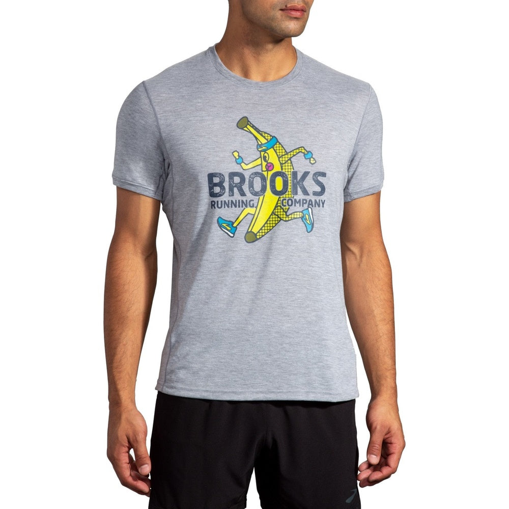 Brooks Distance Graphic T-Shirt in heather gray with colorful runner graphic
