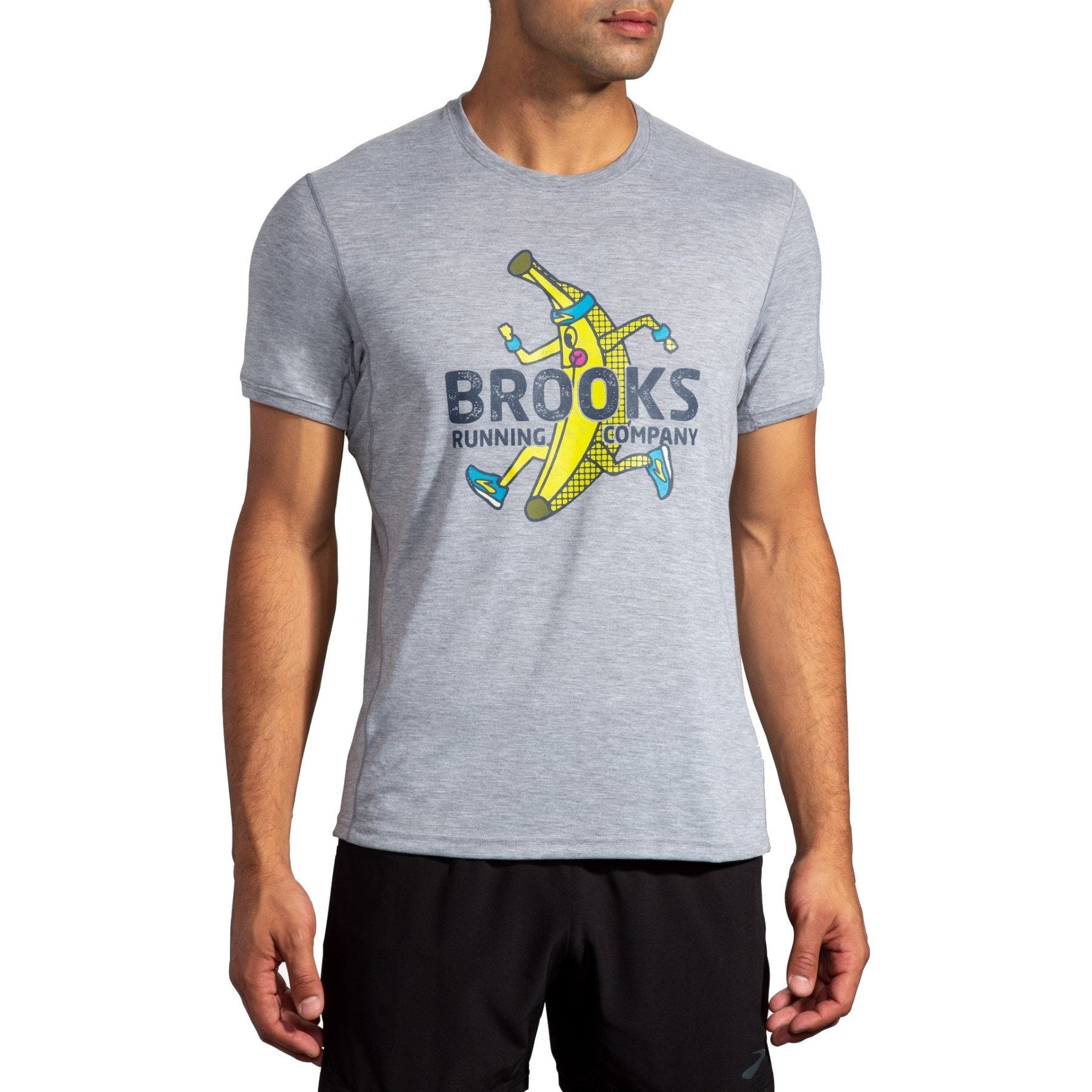 Brooks Distance Graphic T-Shirt in heather gray with colorful runner design