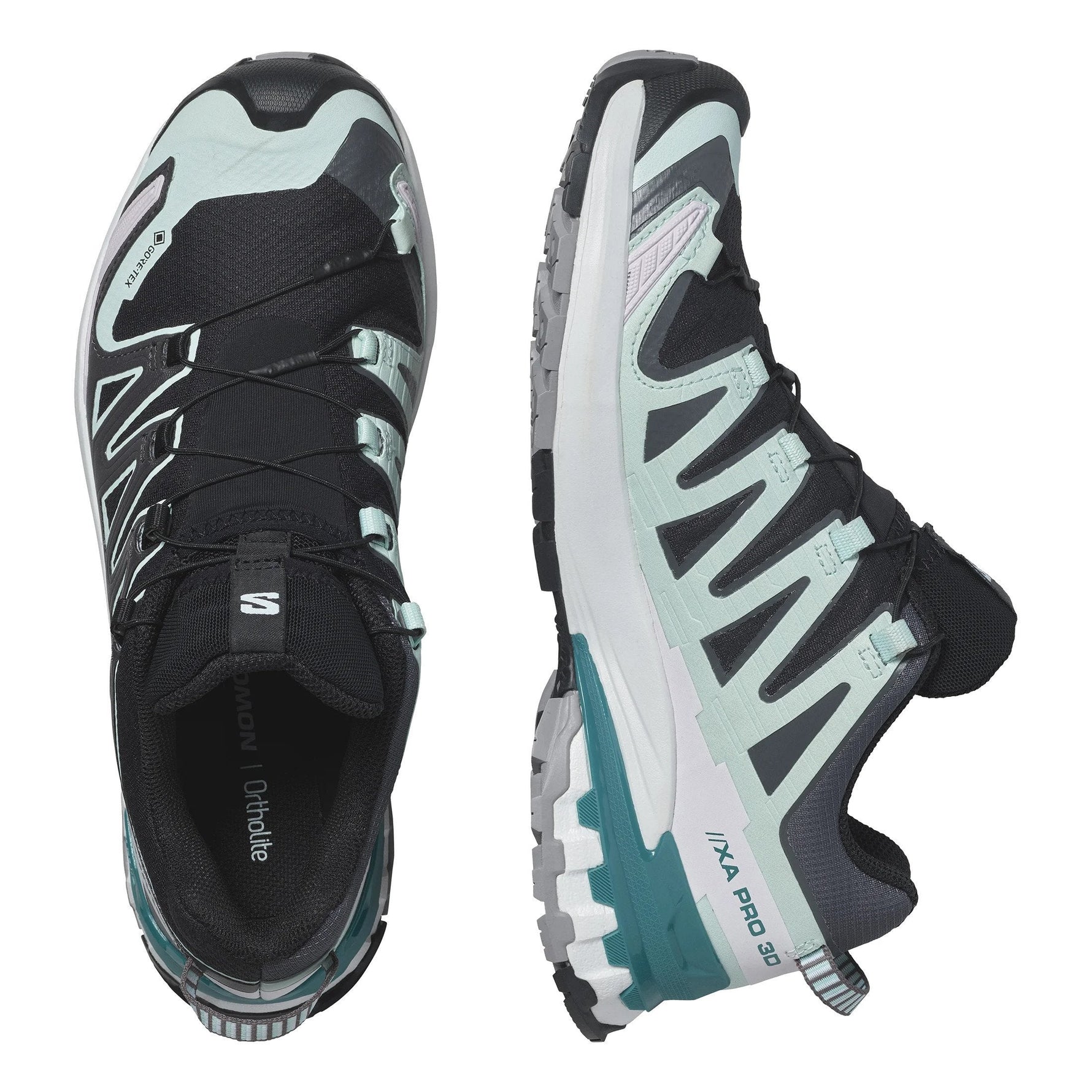Salomon XA Pro 3D GTX women's trail running shoes in black and aqua colorway