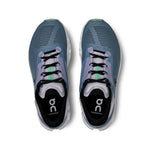 On Cloudstratus 3 women's running shoes in metal blue with wisteria purple accents