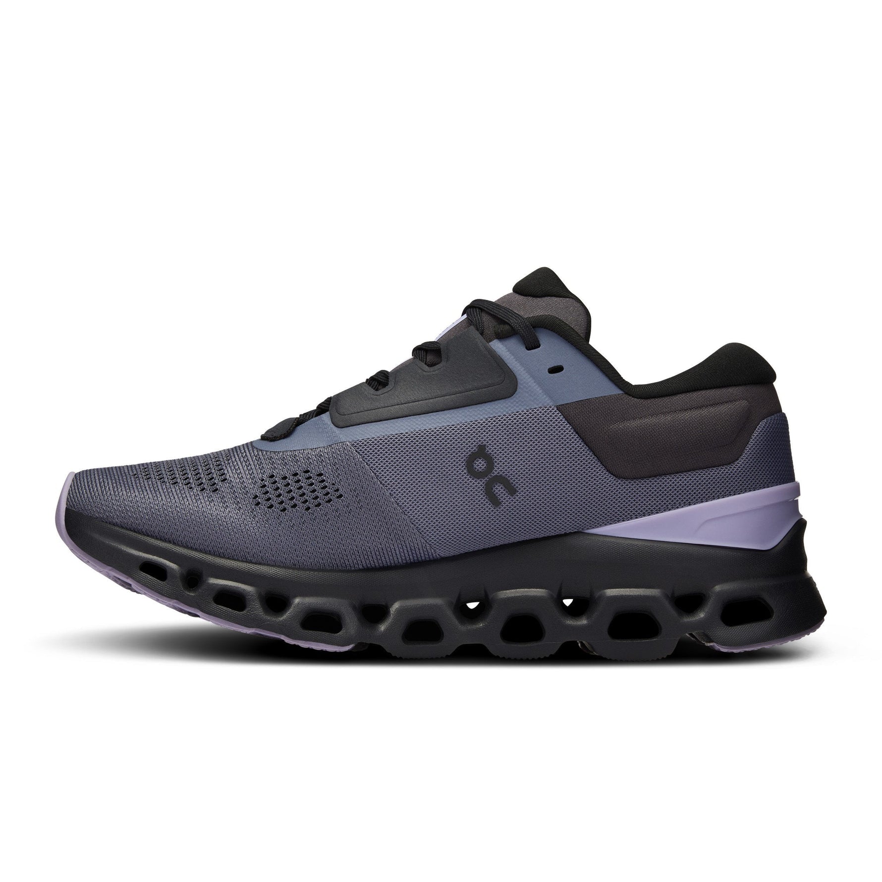 On Cloudstratus 3 women's running shoe in metal gray with wisteria purple accents