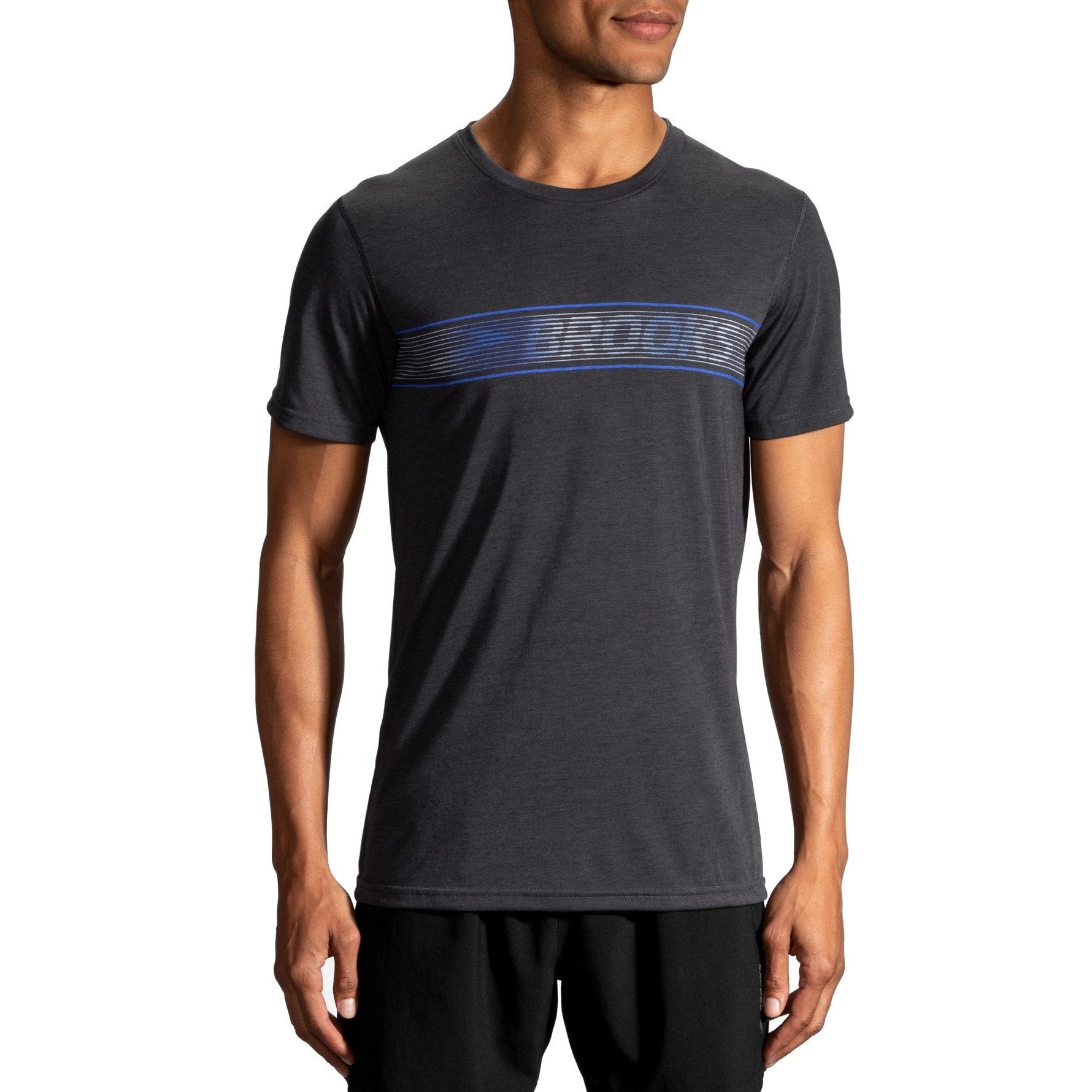 Brooks Distance Graphic T-Shirt in heather asphalt with blue runner stripe design