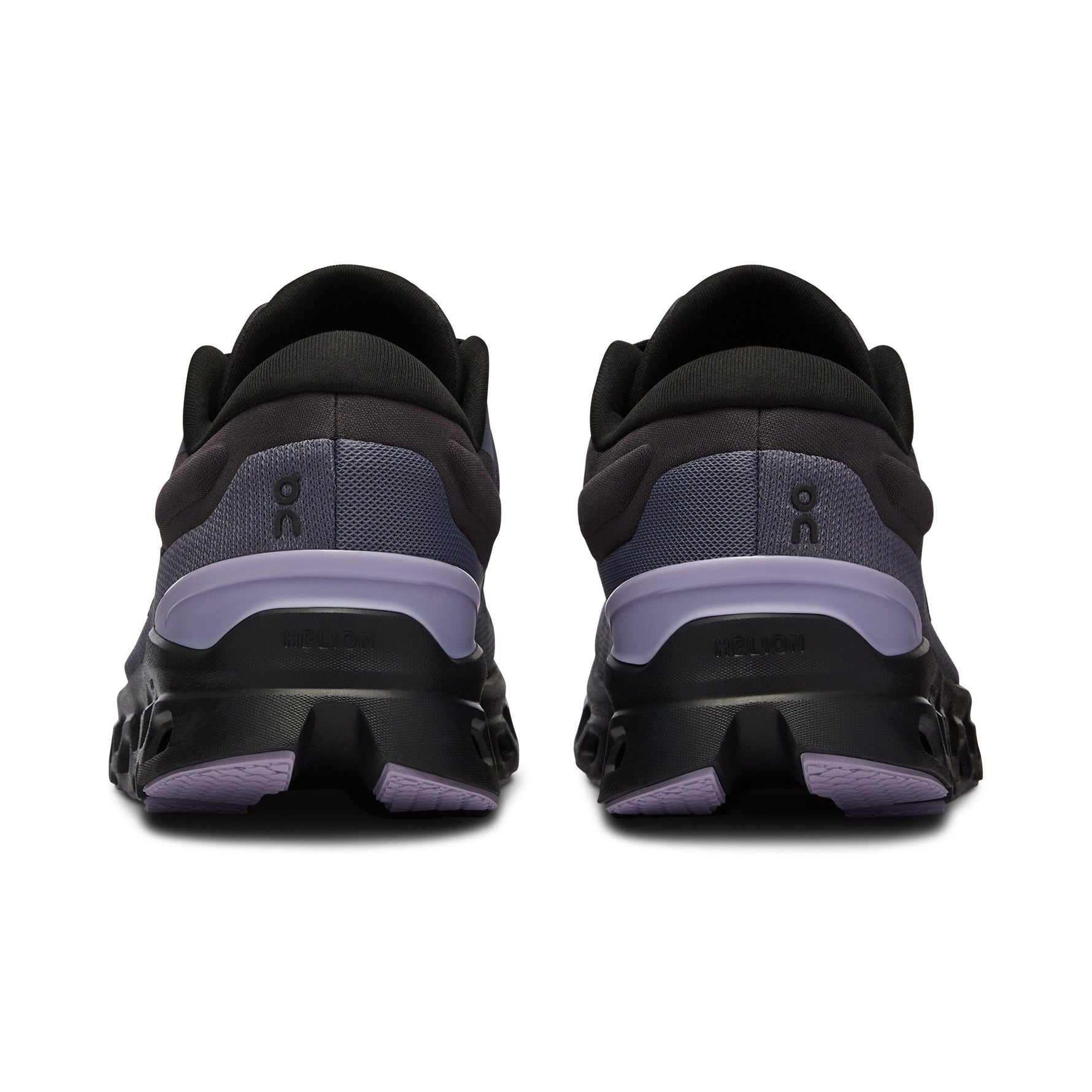 On Cloudstratus 3 running shoes rear view in metal grey with wisteria purple midsole