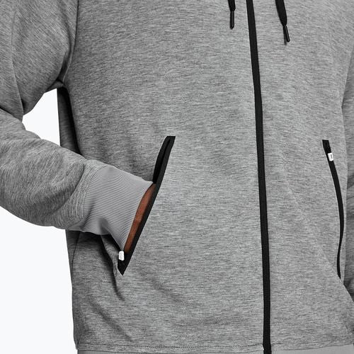 Grey heather zip-up hoodie with black zipper and side pockets on model