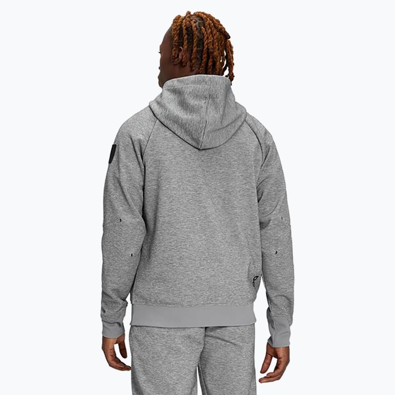 Back view of man wearing grey On zipped hoodie with hood up