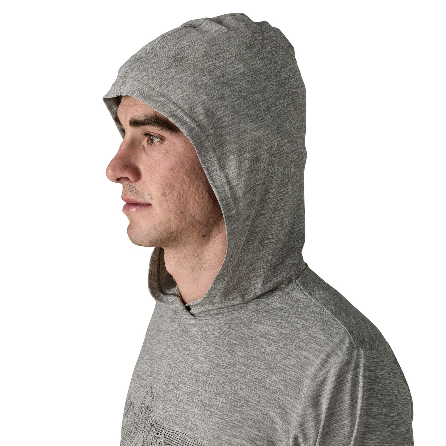 Man wearing grey heather Patagonia hooded pullover, side profile view on white background