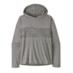 Patagonia men's grey hooded pullover with geometric mountain line art design