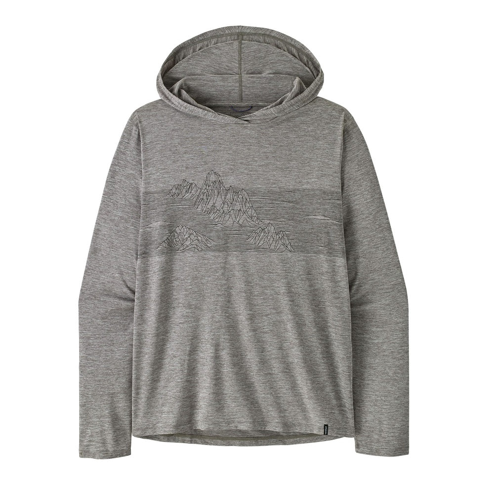Patagonia men's grey hooded pullover with geometric mountain line art design