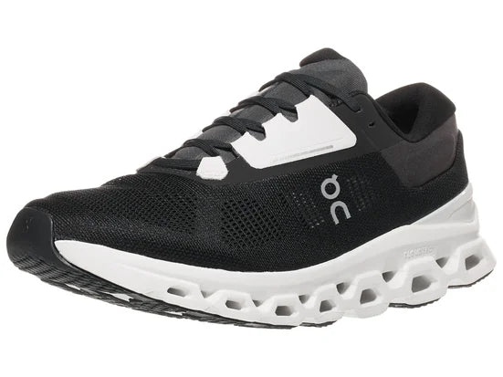 On Cloudstratus 3 running shoes in black and white colorway with signature cloud sole