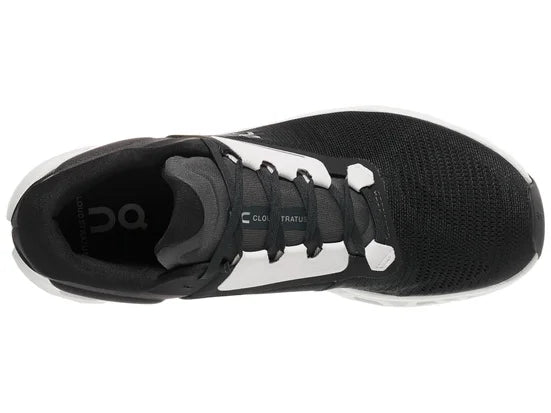 On Cloudstratus 3 running shoes in black with white sole and accents