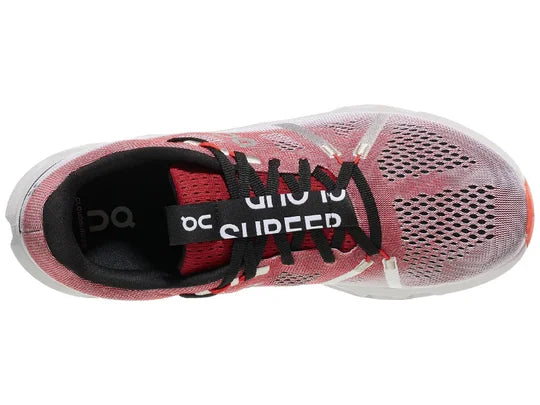 On Cloudsurfer men's running shoe in auburn coral and frost colorway, top view