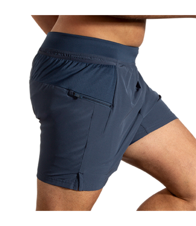Brooks Sherpa 5-inch 2-in-1 running shorts in navy blue with zippered pocket