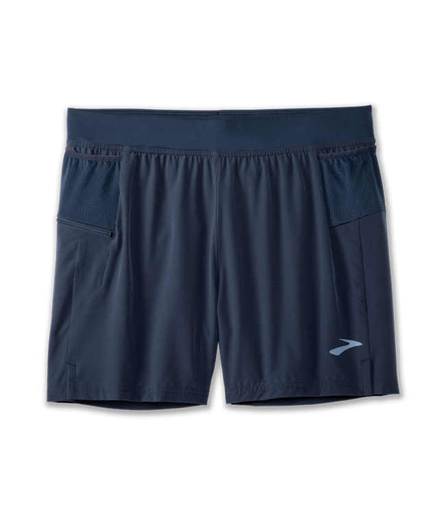 Brooks Sherpa 5-inch 2-in-1 running shorts in navy blue with side pockets