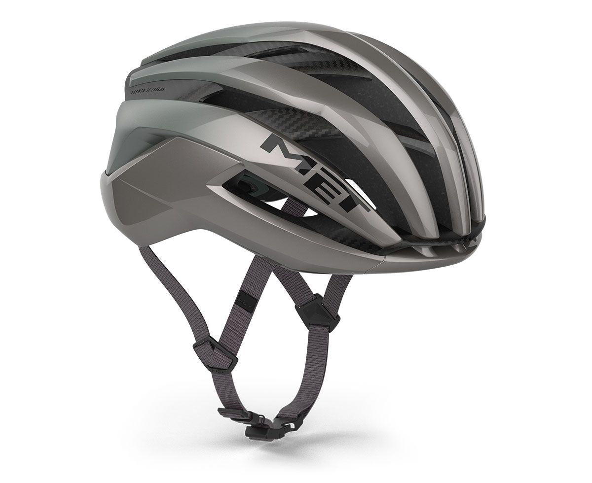 MET Trenta 3K Carbon MIPS cycling helmet in silver metallic finish with carbon fiber details