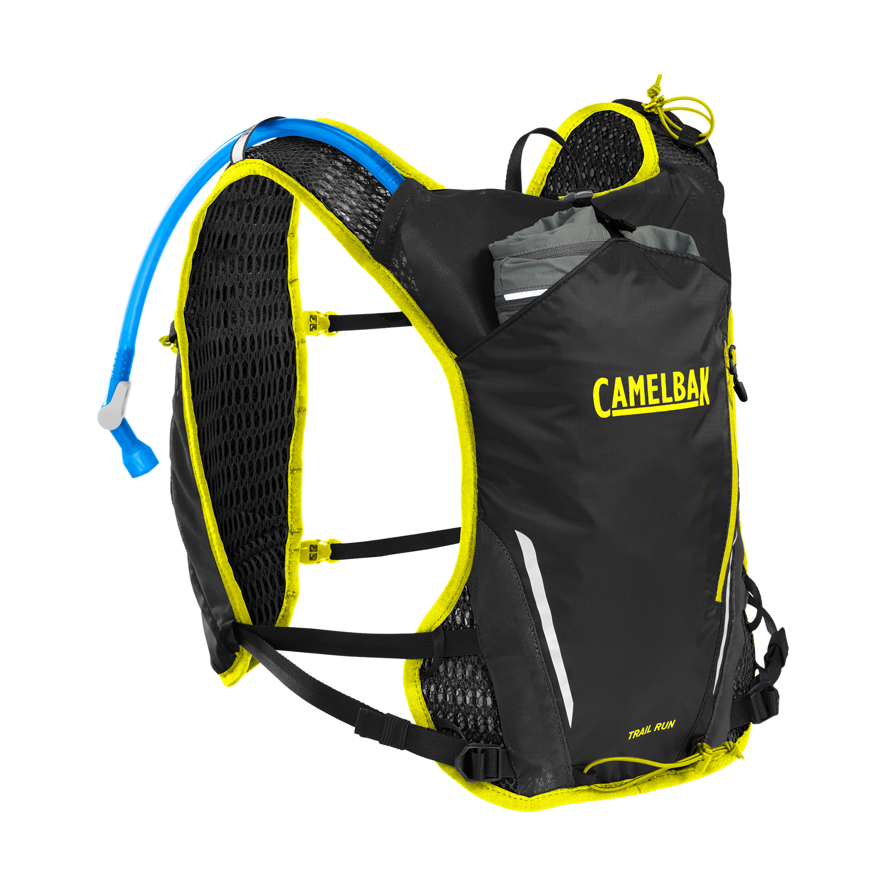 CamelBak Trail Run hydration vest in black with yellow accents and blue hydration tube