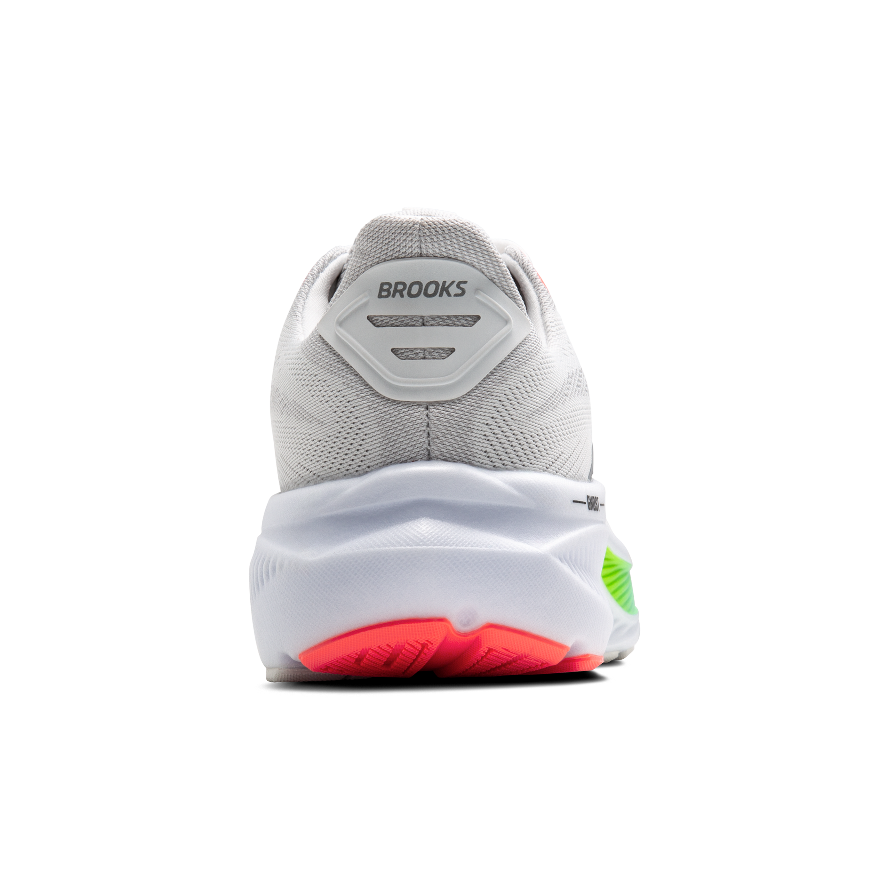 Brooks Ghost 17 men's running shoe in white with pink clay and gecko green accents